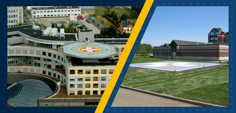 Side-by-side comparison of a rooftop hospital helipad and a ground-level helipad, highlighting differences in helipad installation locations