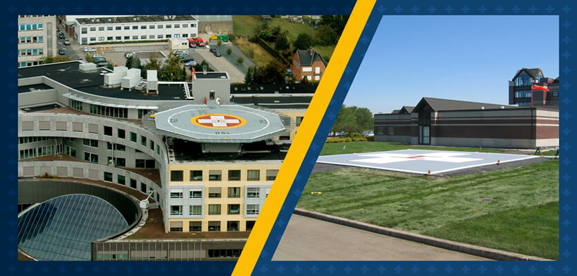Side-by-side comparison of a rooftop hospital helipad and a ground-level helipad, highlighting differences in helipad installation locations