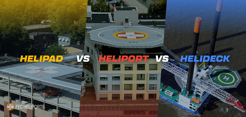 Comparison graphic showing a helipad, heliport, and helideck.